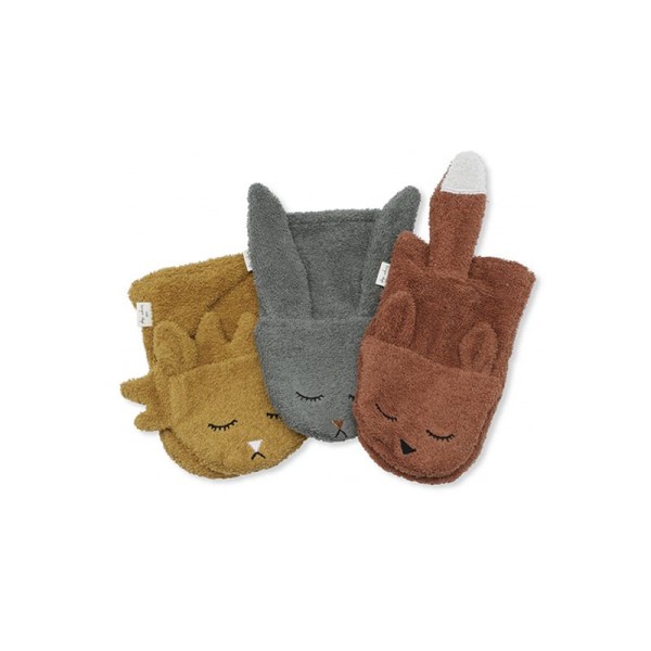 Pack gris de 3 gants de toilette animaux Konges Slojd